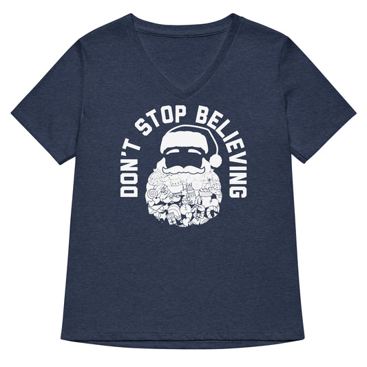Don't Stop Believing Santa Women's V-Neck Tee